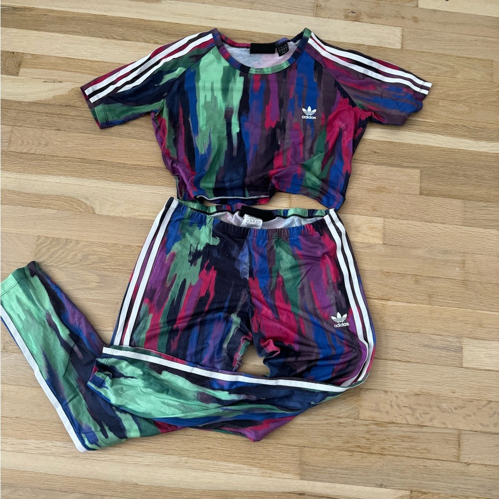 adidas Multicolor Women’s Leggings & Crop Top Set - Green Blue Purple Pink